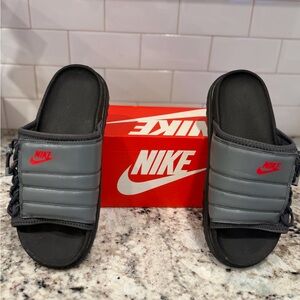 Nike Black and Gray Slides with Red Logo